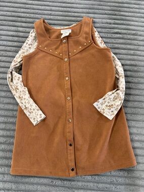 Harper Tan Corduroy Snap-Front Dress with Floral Long-Sleeve Top